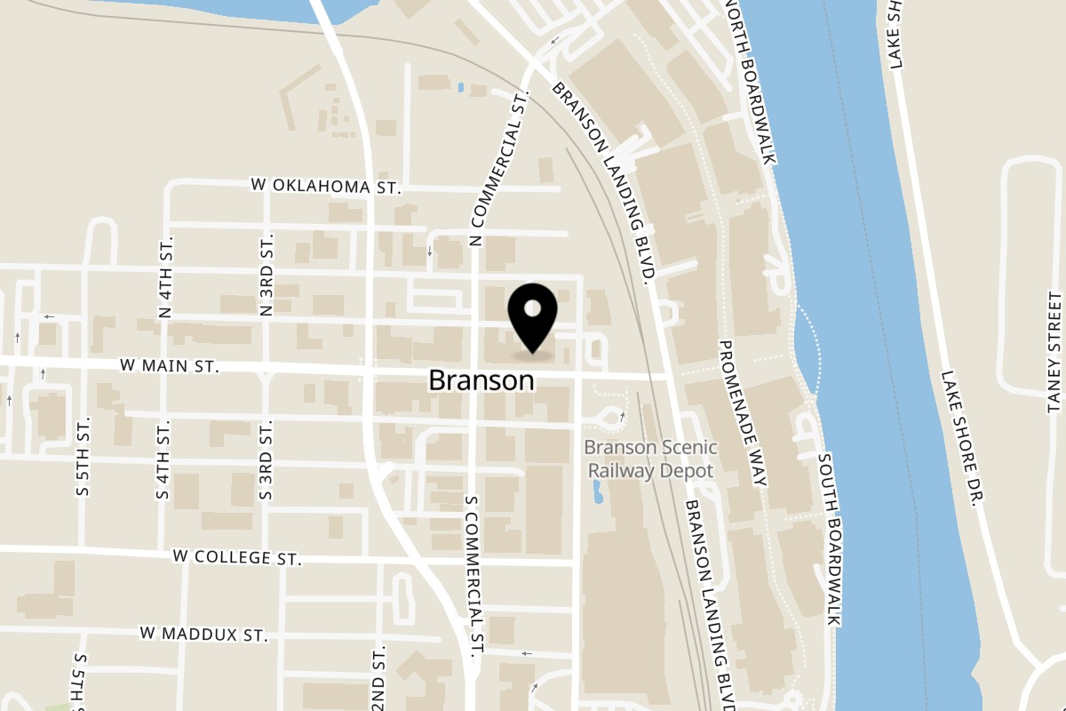 Map showing the location of Mythical ‘Wich on 113 E Main St in Branson